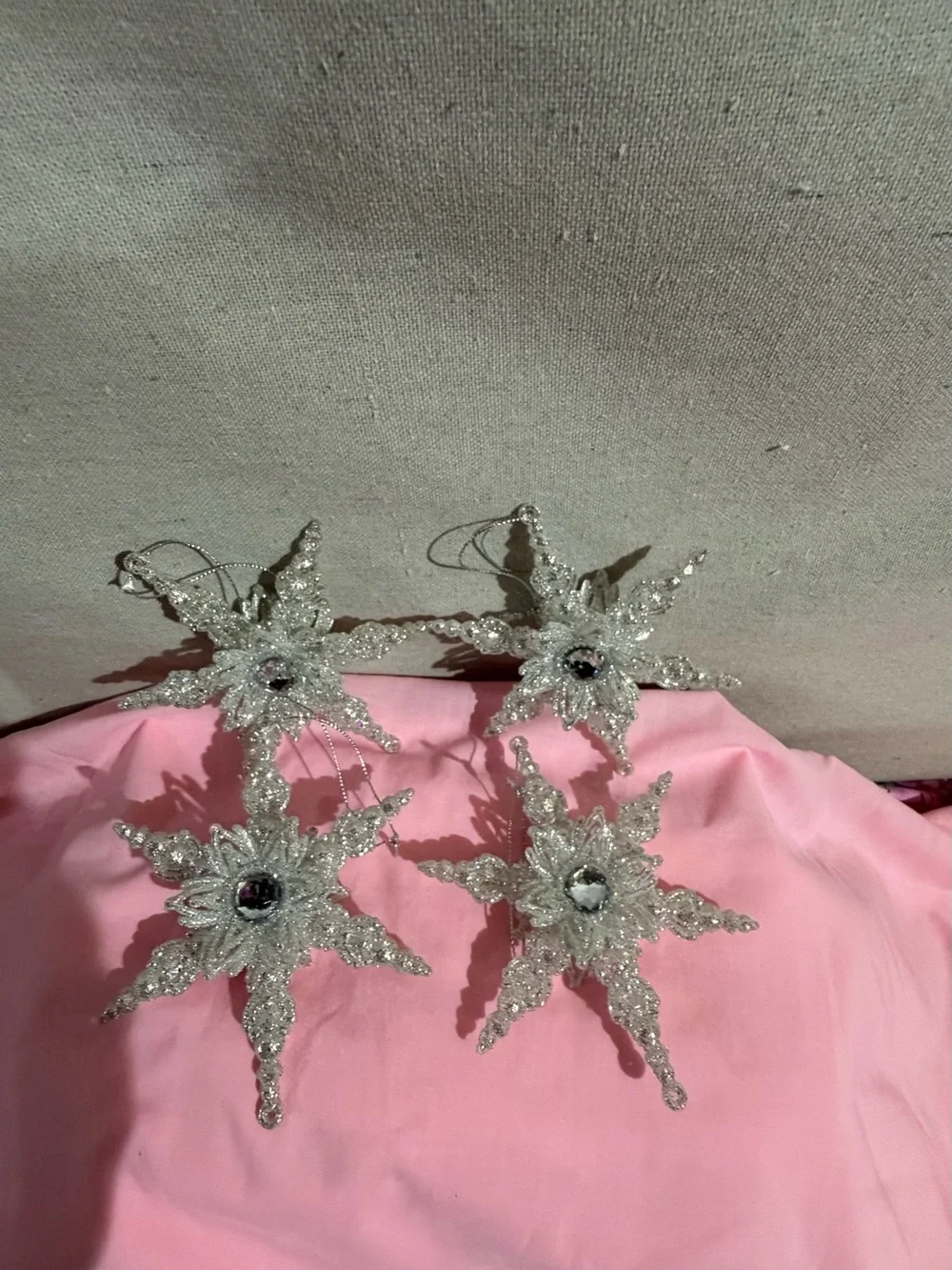 Clear silver Beaded Snowflake Hanging Ornaments - Set of 4